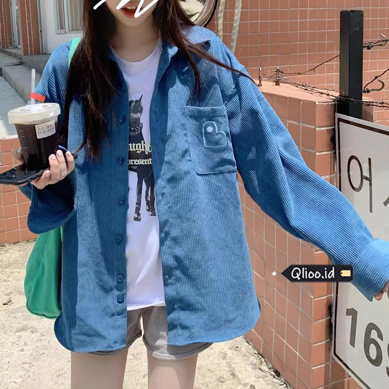 Versi Korea  Retro Korduroi Kemeja Longgar Lengan Panjang Atasan Wanita Korean Style