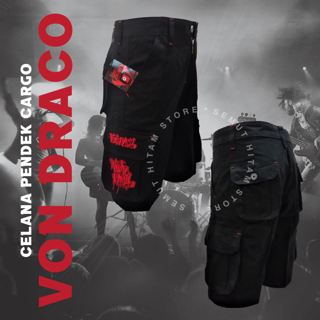 [GESER KIRI] Von Draco Celana Cargo Pendek / Kempol Pendek Cotton Twill Bordir Grafitti Hitam / Khak