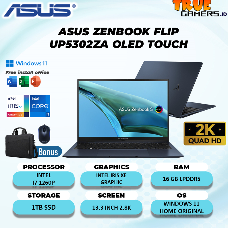 Laptop Asus ZENBOOK 2in1 flip UP5302ZA OLED TOUCH I7 1260P 16GB 1TBSSD W11 13.3 2.8K