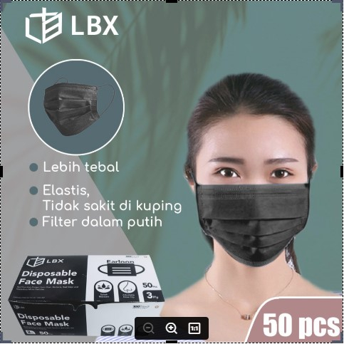 Masker LBX isi 50 3 PLy 3ply Earloop Hitam Premium Tebal Dan Mudah Bernafas