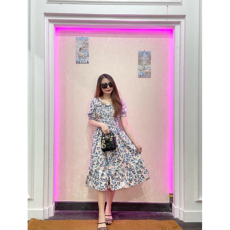 RD FASHION - SMOCKED DRESS / Gaun musim panas kasual baru Lengan pendek smocked dress lipit bunga dengan dasi belakang / gaun kasual A-line gaun smocked berlipat bunga lengan pendek-MOTIF FLORIN