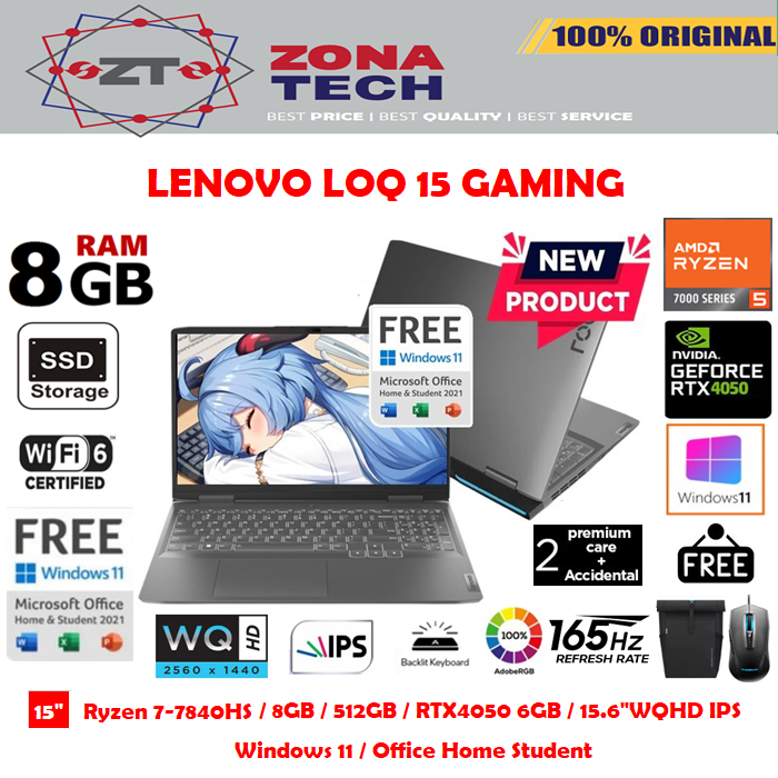 Lenovo LOQ 15 Gaming - Ryzen 5-7640HS 8GB 512GB SSD RTX4050 6GB 15.6&quot;WQHD IPS 165Hz 100%sRGB W11 OHS