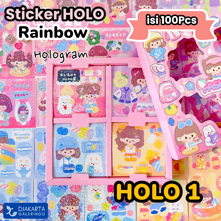 Sticker MOMO Hologram Glitter Rainbow Mix Warna Original waterproof Stiker Kartun Korea Anti Air Original isi 100pcs