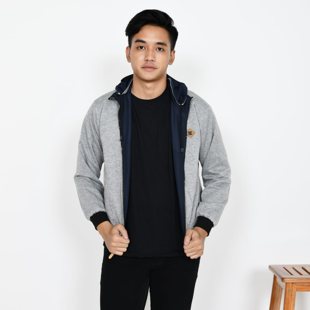 Jaket Parasut Pria Wanita Warna Navy Blue Bolak Balik Bb Dc 2 In 1 Anti Air Size L - XL - XXL