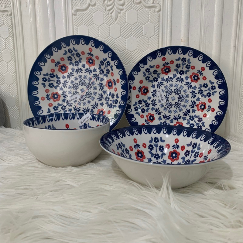 dinner set biru putih bunga2 merah