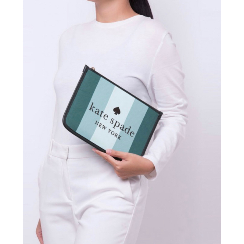 Kate Spade Ella Stripe Large Zip Pouch Green Multi AUTHENTIC