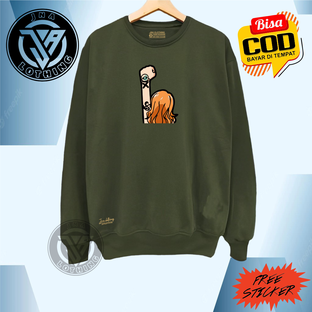 Sweater Pria Oversize Warna Hijau Army Sablon Anime Nami Crewneck Distro Cewek Cowok Lokal Suiter Sablon Print Kasual Street Style Krunek Oblong Lengan Panjang