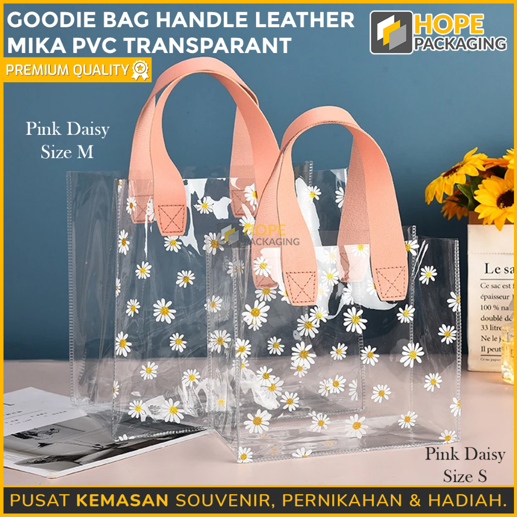 Tas Pvc Transparan Motif Bunga Daisy / Goodie Bag Handle Leather Mika Premium / Leather Polos / Tas 
