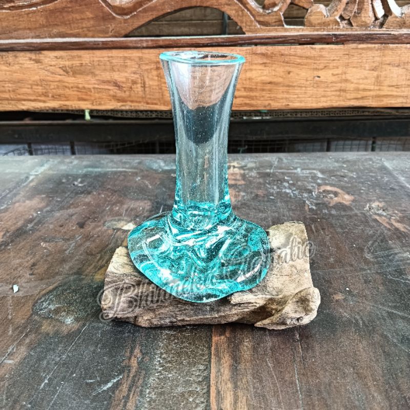 Vas Bunga Cantik 15 cm Kaca Tiup Alas Akar Kayu Murah Ekonomis Natural