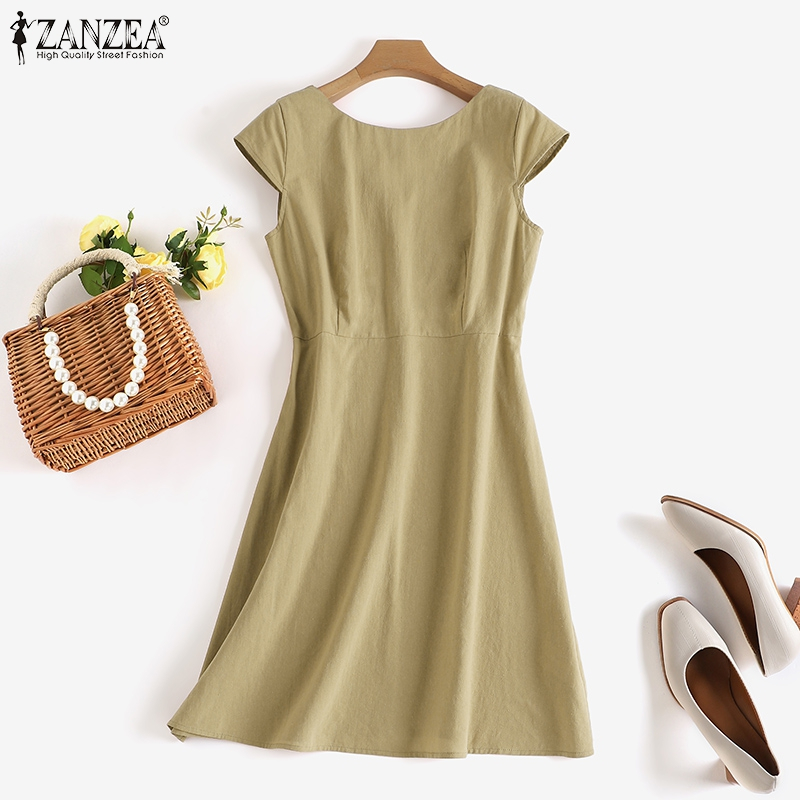 ZANZEA Women Casual O Neck Short Sleeve Solid Back Zipper Mini Dress