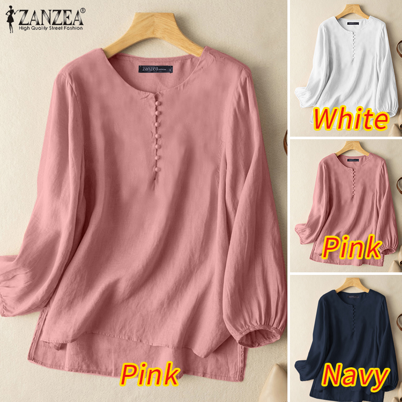 ZANZEA Women Casual Solid Round Neck Long Sleeve Side Slit Loose Half Buttons Shirt