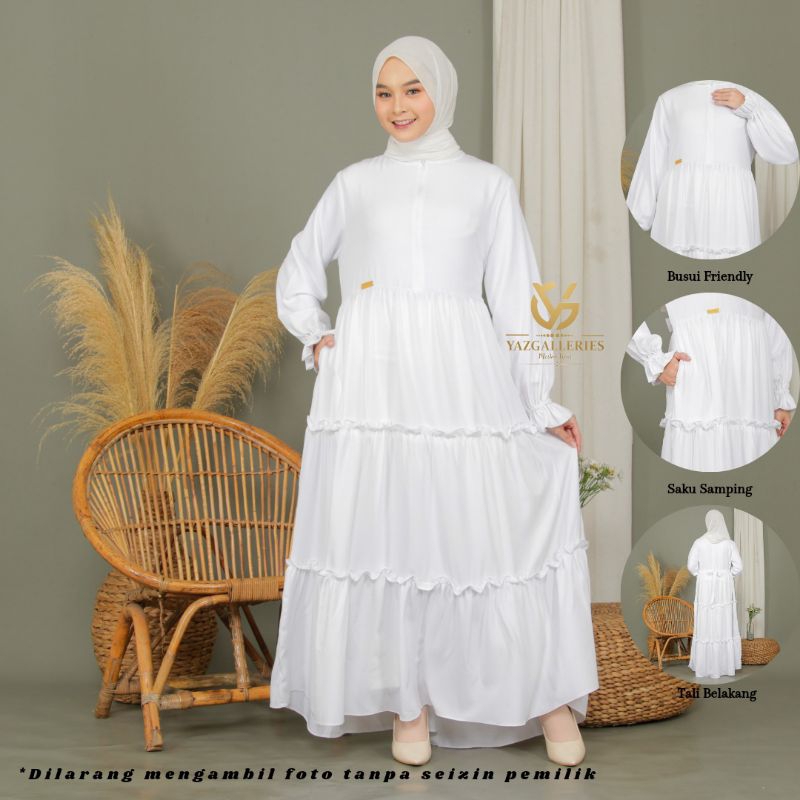 Almira Dress Ruffle Susun Warna Putih/ Gamis Polos Putih Sleting Depan Busui Friendly/ Gamis Umroh