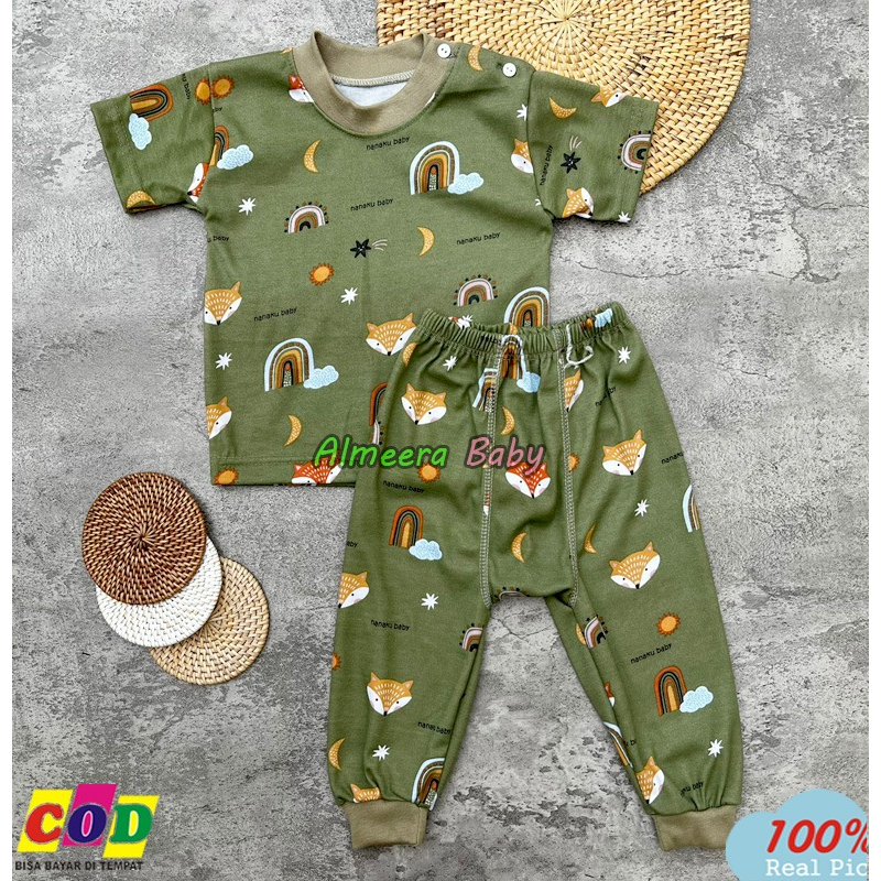 Setelan Baju Bayi Piyama Bayi Lengan Pendek Celana Panjang Kancing Pundak Motif Printing Pelangi Usia 3-12 Bulan Almeera Baby and Kids