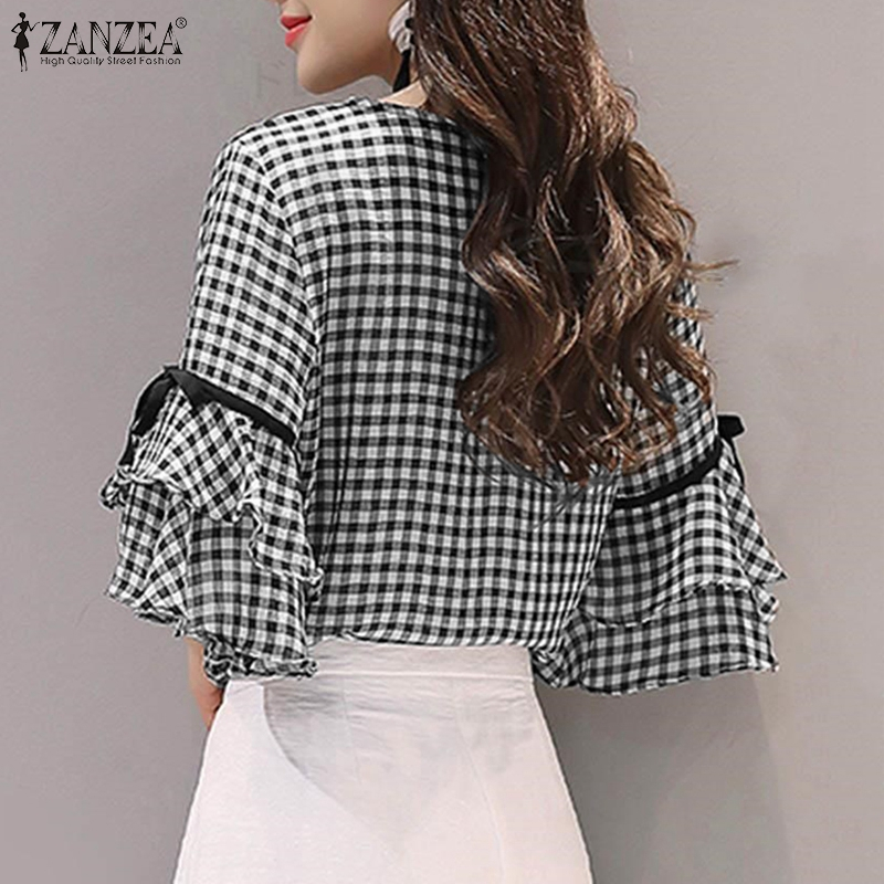 ZANZEA Women Korean Ruffled Hem Sleeved Casual Loose Grid Printed Blouse