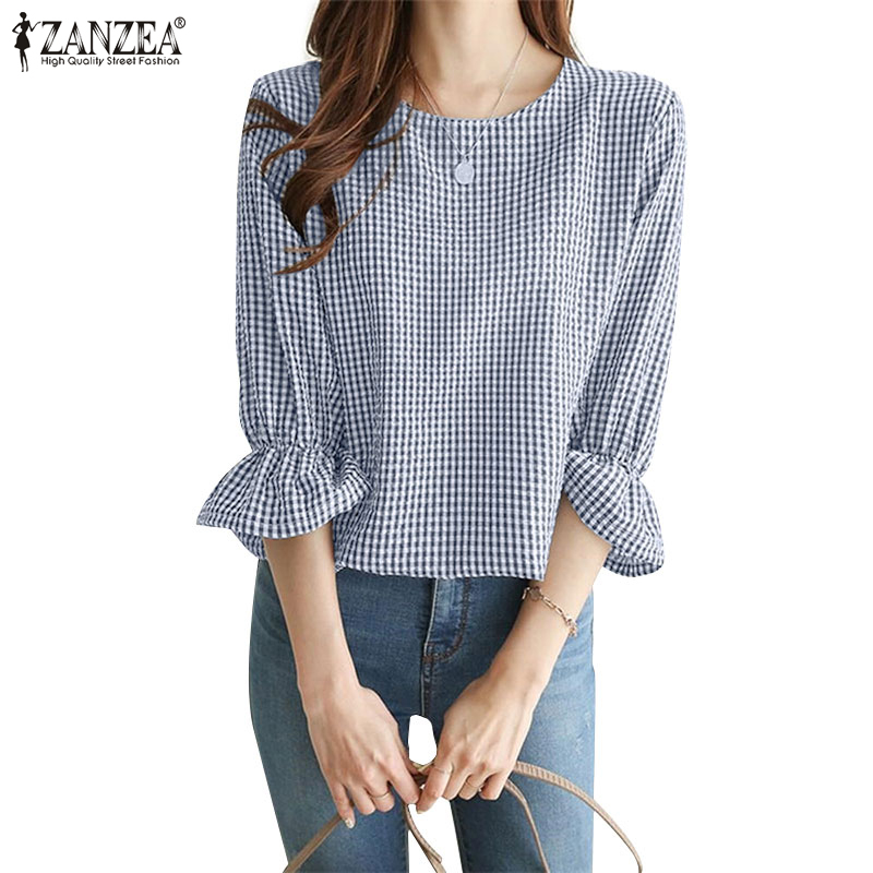 ZANZEA Women Korean Elegant Casual 3/4 Sleeve Round Neck Plaid Print Ruffle Blouse