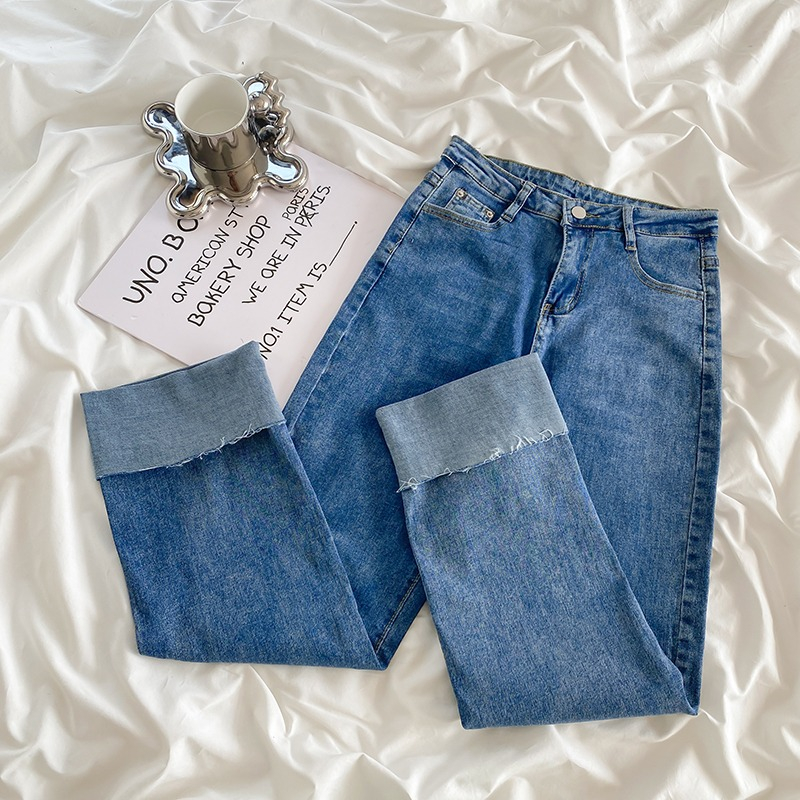 Kekinian Korea Highwaist Lurus Jeans Wanita Celana Kaki Digulung