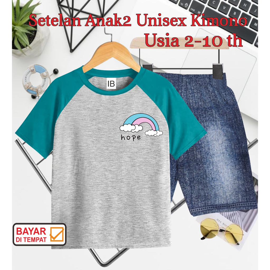 ((IB))SETELAN ANAK2 UNISEX KIMONO SEMI JEANS/LOGO RAINBOW DIGITAL SABLON