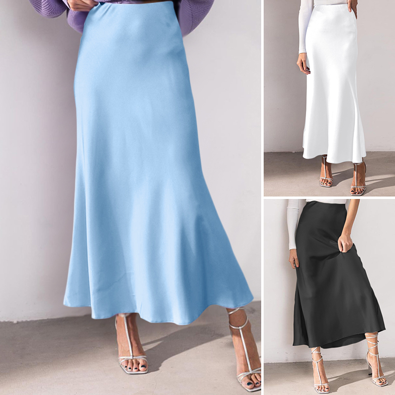 Women High Waist Satin Silk Elegant Casual Mermaid Long Skirt