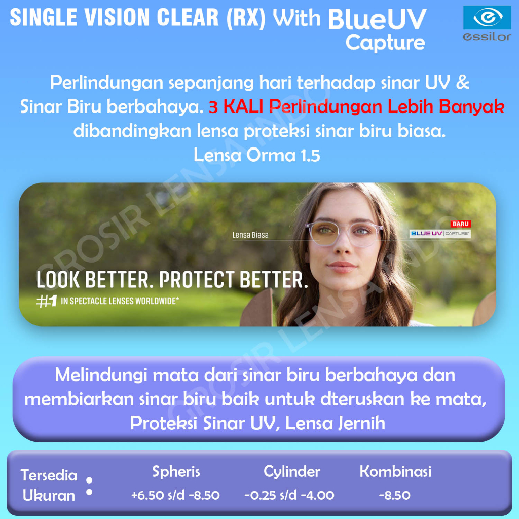 Lensa Kacamata Essilor  Blue UV capture Orma 1.5 CRIZAL Sapphire  UV RX
