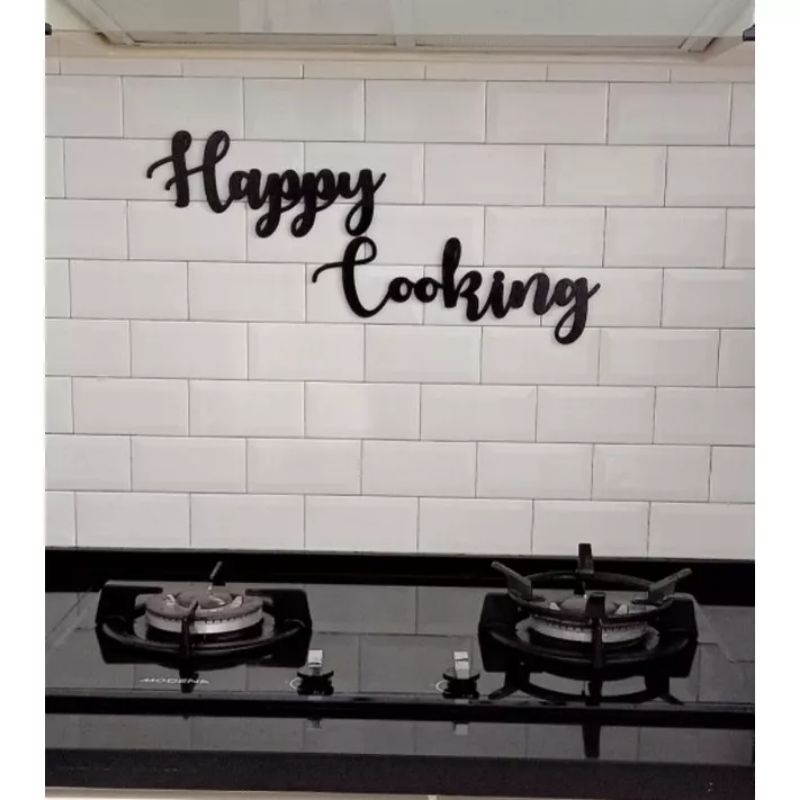 Hiasan Dinding Dapur Tulisan Kayu Happy Cooking
