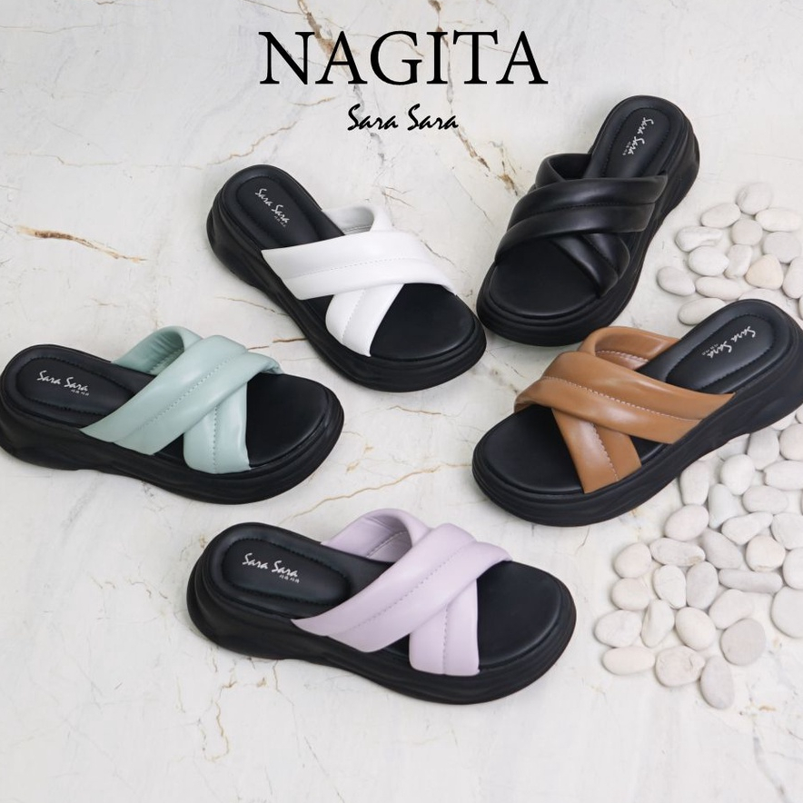 Sara Sara NAGITA Sandal platform wedges wanita casual sendal cewek ban dua silang tinggi kulit kekinian yuk