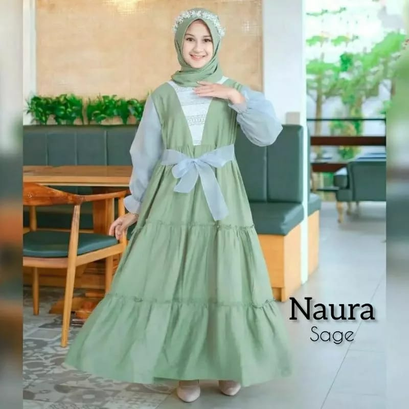 Dress Muslim Remaja Terbaru/ Gamis Anak 7-11 Tahun/ Naura Kids FREE Jilbab Crinkle Airflow Premium/ Baju Anak Perempuan