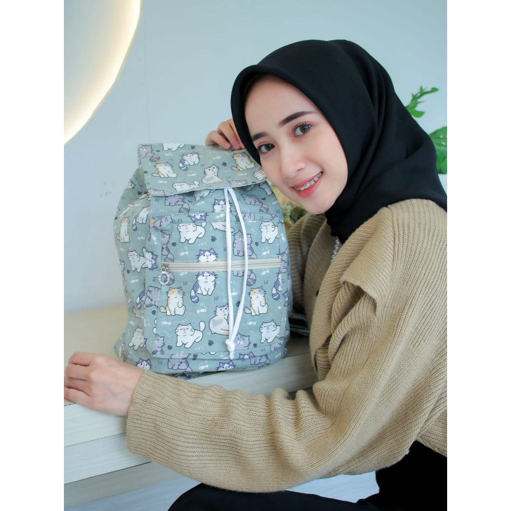 RANSEL SERUT KUCING HIJAU SAGE // taskanvasbdg - tas kanvas fashion - tas ransel wanita sage green - tas wanita - tas lucu - cewe