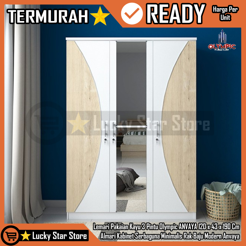 [Instan] Lemari Pakaian Kayu 3 Pintu Olympic LITE ANVAYA Baju Wadrobe 120x43x190 cm Kabinet Serbagun