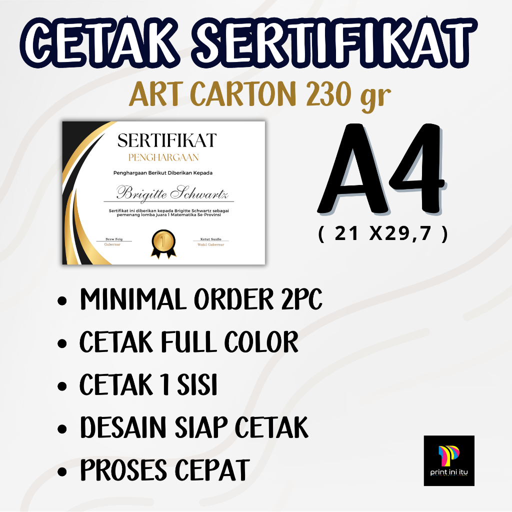 

Print Cetak Sertifikat Piagam Penghargaan / Piagam Lomba Ukuran A4 AC 230 gr