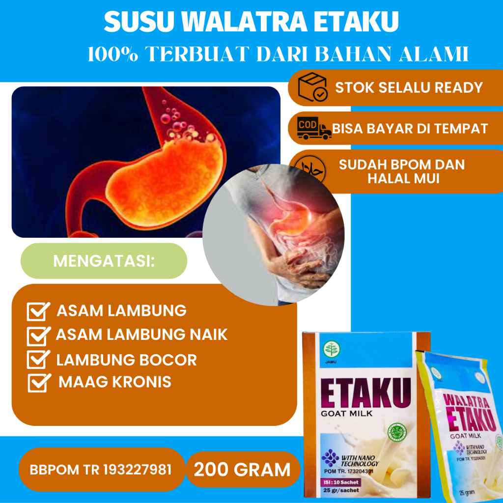 

Susu Untuk Asam Lambung, Gerd, Maag Krosnis, Lambung Bocor, Perut kembung, Mual Muntah, Asam Lambung Naik Walatra Etaku 100% Original