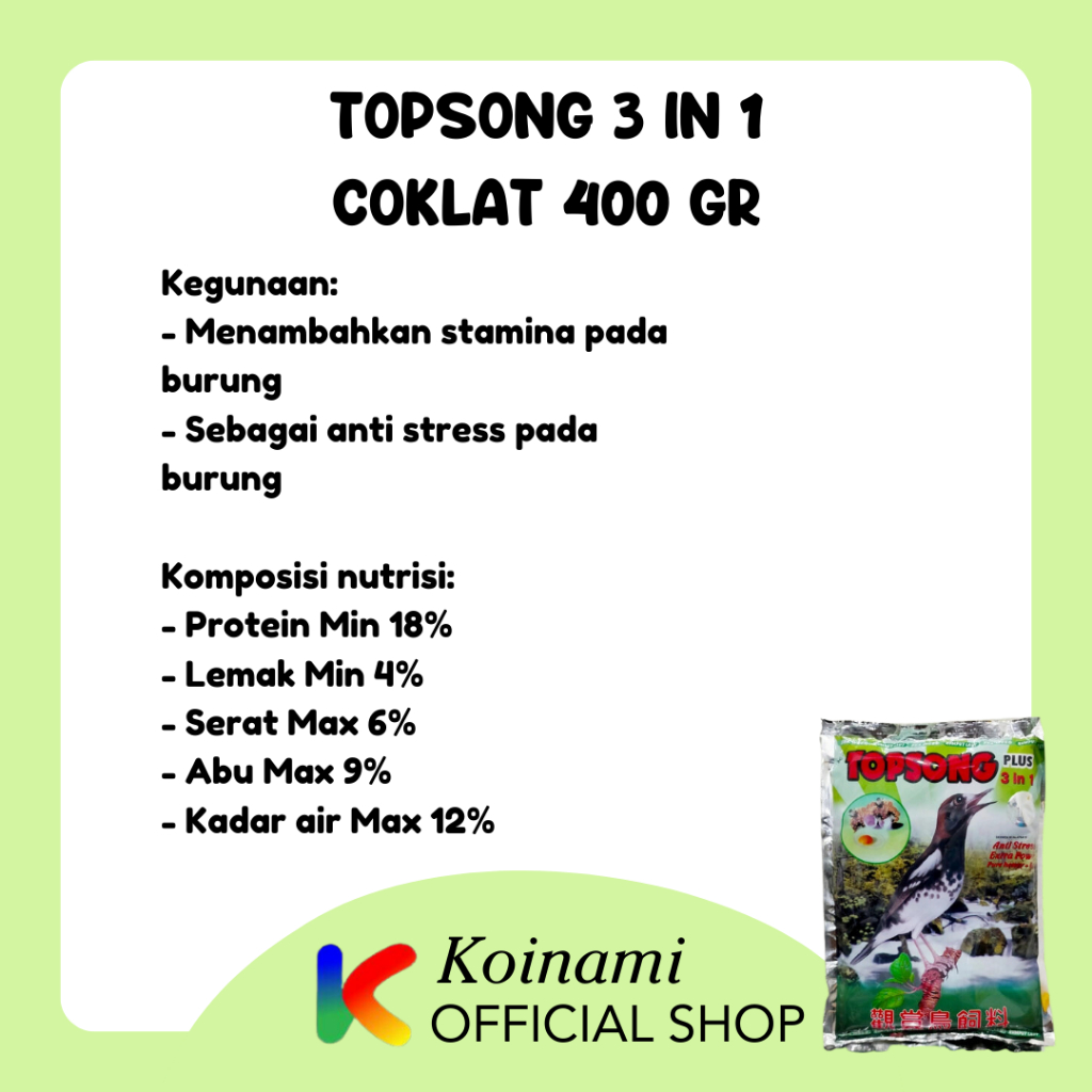 Topsong 3 ini 1 / Coklat / Top Song 400 gr / Makanan Burung / Bird Food
