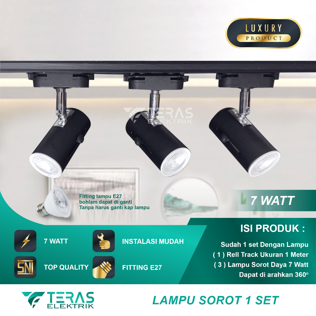 Paket Lampu sorot rel 1 set isi 3 spotlight track light rell