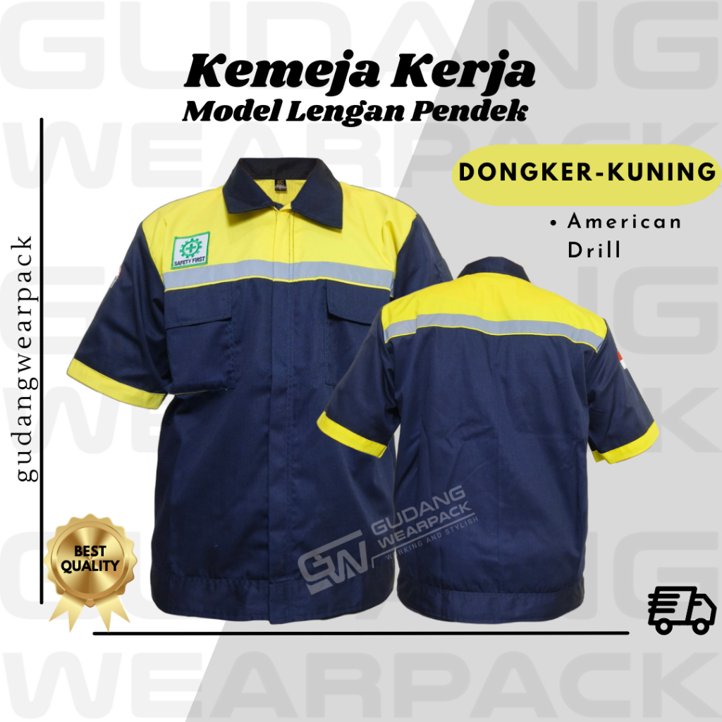 Gudang Wearpack - Kemeja Kerja Seragam Proyek Lengan Pendek Warna Dongker Kuning