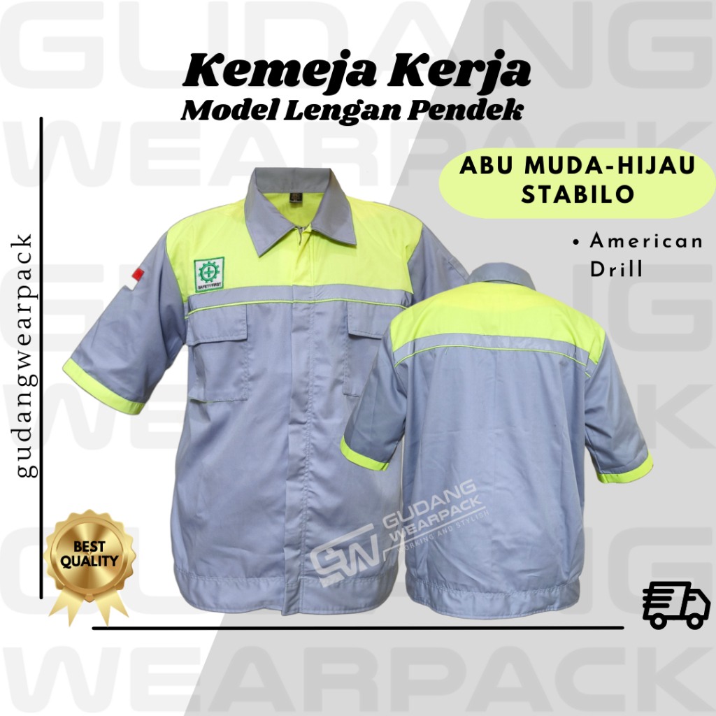 Gudang Wearpack - Kemeja Kerja Seragam Proyek Lengan Pendek Warna Abu Muda - Hijau Stabilo