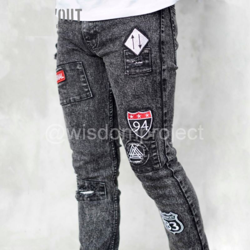 Embrodery Wisdom - Denim Pants Slimfit Full Patch Bordir Strech - Celana Jeans Biker Bordir - premium