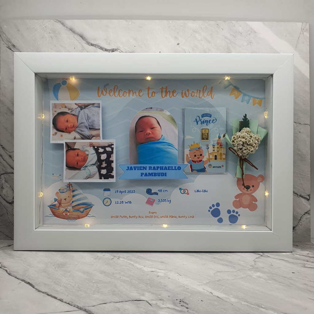 (UKURAN L 30x20) HAMPERS Gift CUSTOM Bingkai FRAME Mahar 3D Minigold  (TIDAK TERMASUK EMAS) / Hadiah / Kado Mahar variasi Minigold / Design Frame Birthday Wedding Newborn Baby Graduation