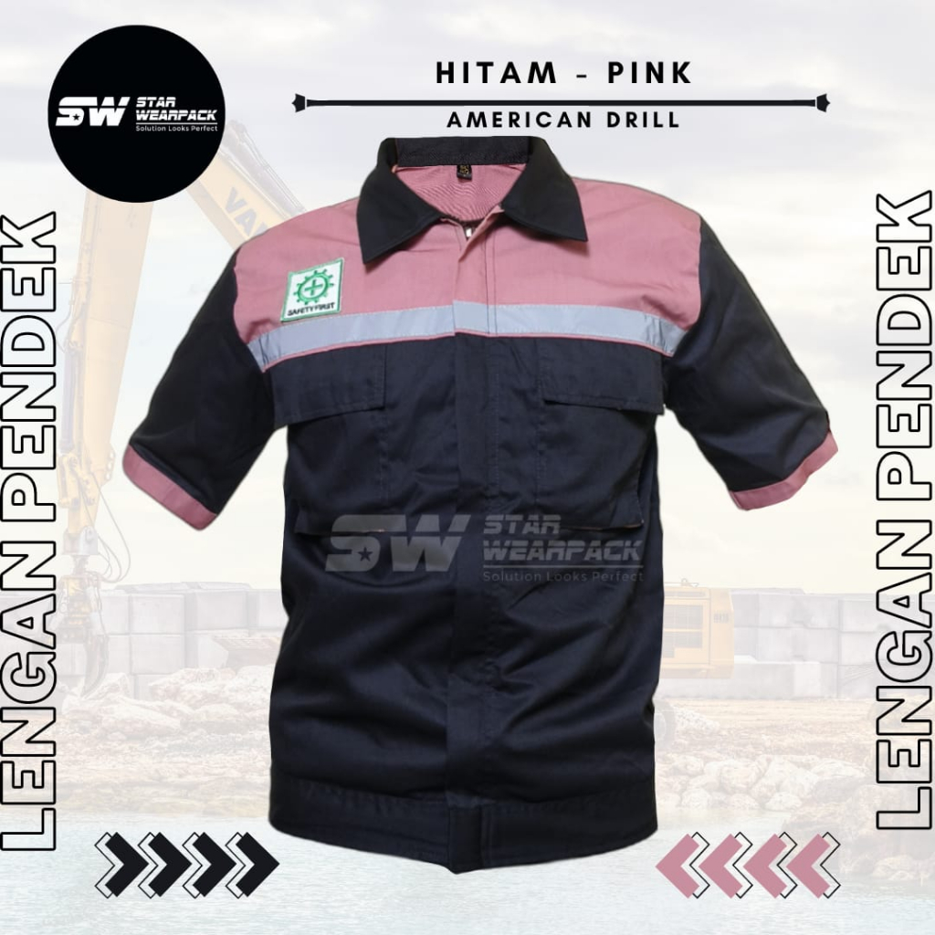 Star Wearpack - Seragam Kerja Proyek Lengan Pendek Hitam Kombinasi Pink