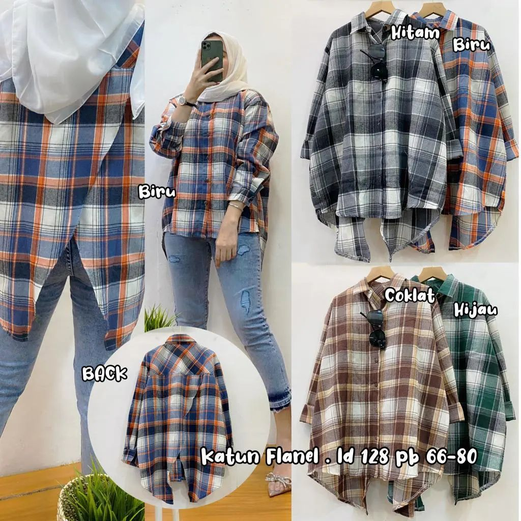 Kemeja Kotak Wanita Katun Flanel Kemeja Oversize Flanel Jumbo