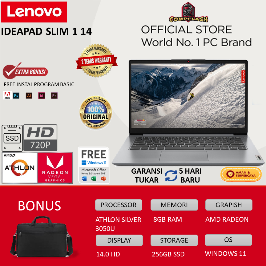 LAPTOP LENOVO IDEAPAD SLIM 3 14 ATHLON SILVER 3050 8GB 256SSD W11+OHS 14.0FHD PLT -V1ID/8