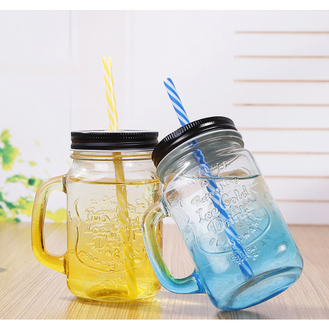 Gelas Cangkir Air Minum Kaca Unik Glass Mug Cup Dengan Penutup Dan Sedotan