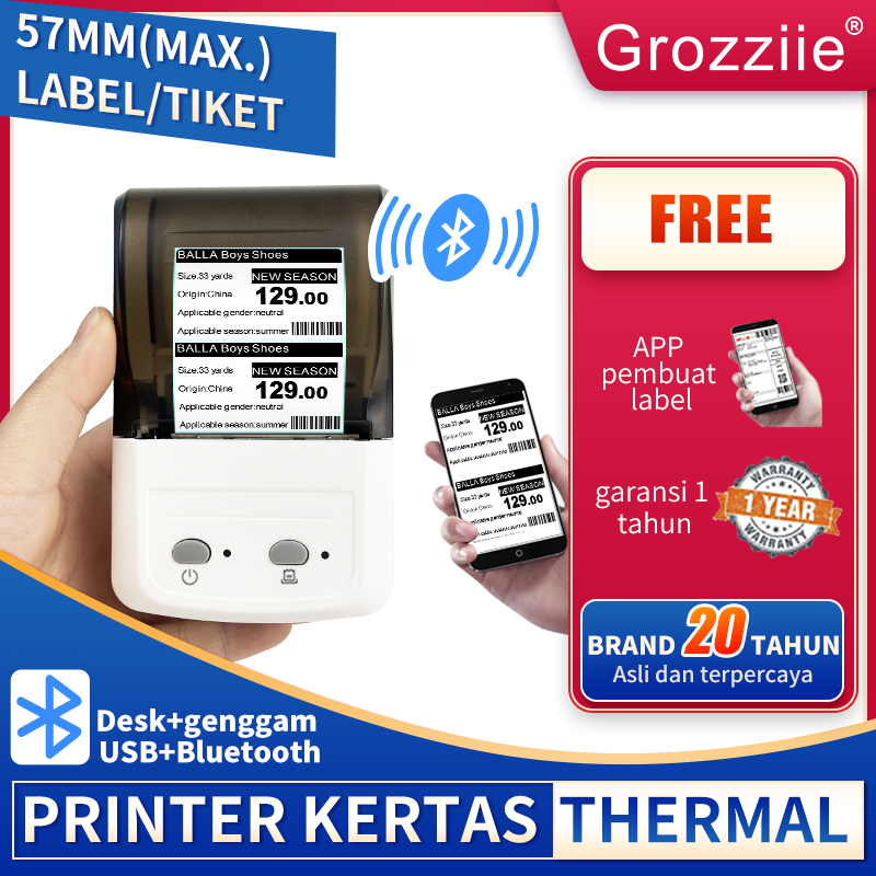 

PRINTER THERMAL LABEL RESI BARCODE PORTABEL GENGGAM USB+BLUETOOTH 2 INCI