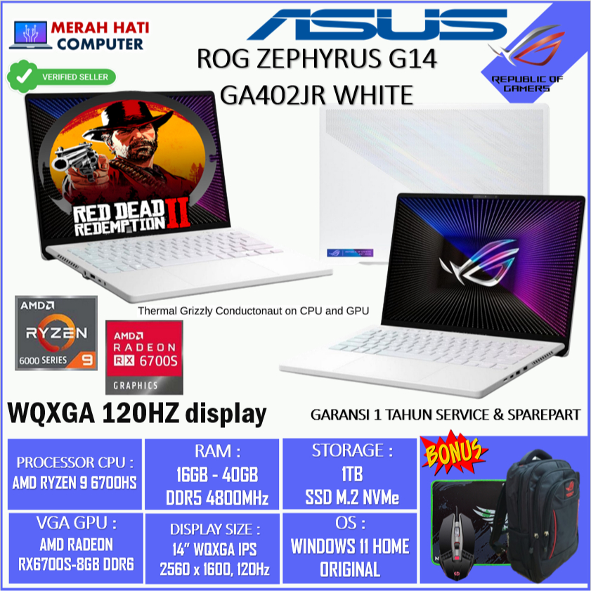 Laptop Gaming ASUS ROG G14 GA402RJ AMD RYZEN 9 6900HS 16GB DDR5 1TB SSD RX6700S 8GB DDR6 14WQXGA IPS 120HZ RGB ANIME WIN11HOME WHITE ORIGINAL