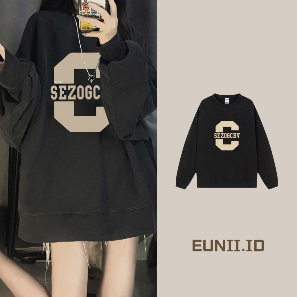 EUNII Sweater Lengan Panjang Vintage Letter C Printing Korean Style/Sweater Crop/Baju Wanita/Switer Wanita/Switer