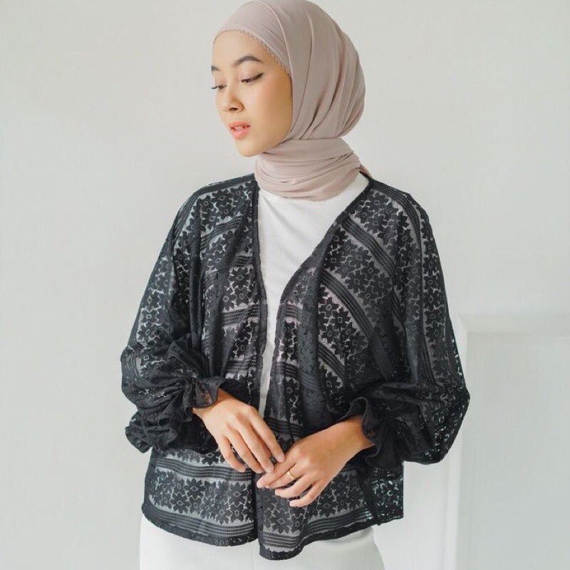 Lace outer brukat lengan kerut / cardigan crop wanita termurah