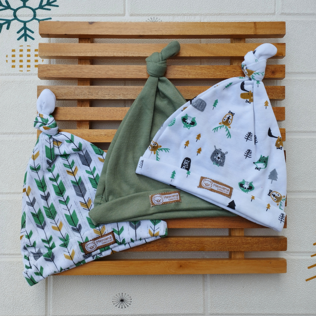 3 PCS Topi Bayi Kupluk Bayi Baru Lahir Seri Green Sage Lucu Usia 0-3 Bulan Meyriana Collection