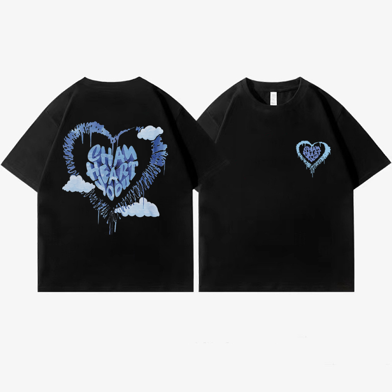 XiaoZhaiNv Kaos Atasan Oversize Wanita Blue Heart Pattern Lengan Pendek A0665