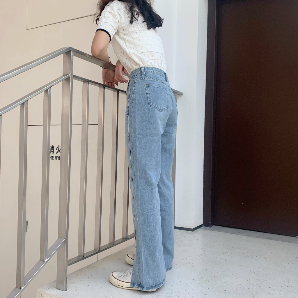 Celana Jeans Wanita Loose Split Highwaist Korea Style