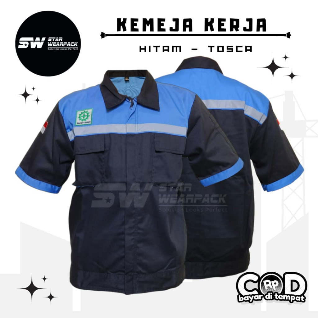 Star Wearpack - Baju Kerja Lapangan Warna Hitam Kombinasi Tosca Lengan Pendek