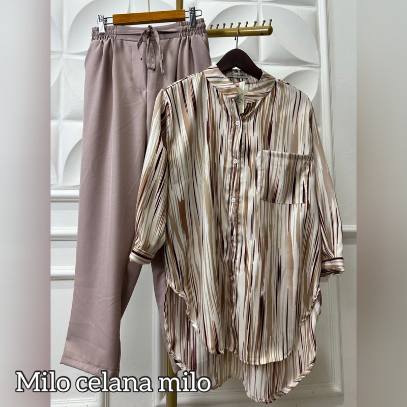 Coza Setelan Wanita Amora Set Kemeja Motif Salur Garis Lurik Abstrak Bahan Syakila Premium Size Standar Dan Jumbo XXXl 100kg Lengan panjang Setrip