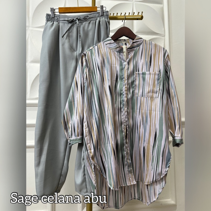 Coza Setelan Wanita Amora Set Kemeja Motif Salur Garis Lurik Abstrak Bahan Syakila Premium Size Standar Dan Jumbo XXXl 100kg Lengan panjang Setrip